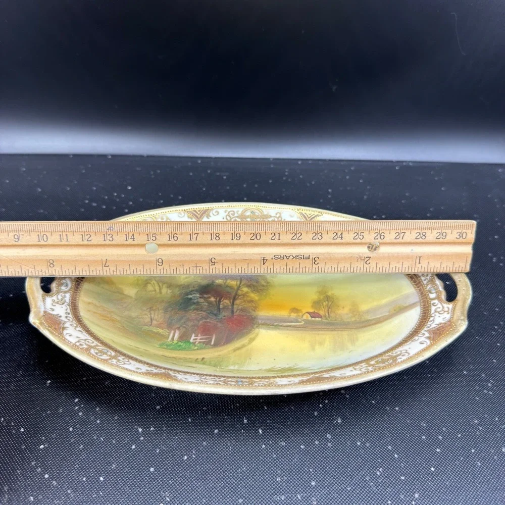 Nippon Hand Painted Celery Dish Oval Tray‎ Gold Moriage Landscape Lake Scene VTG